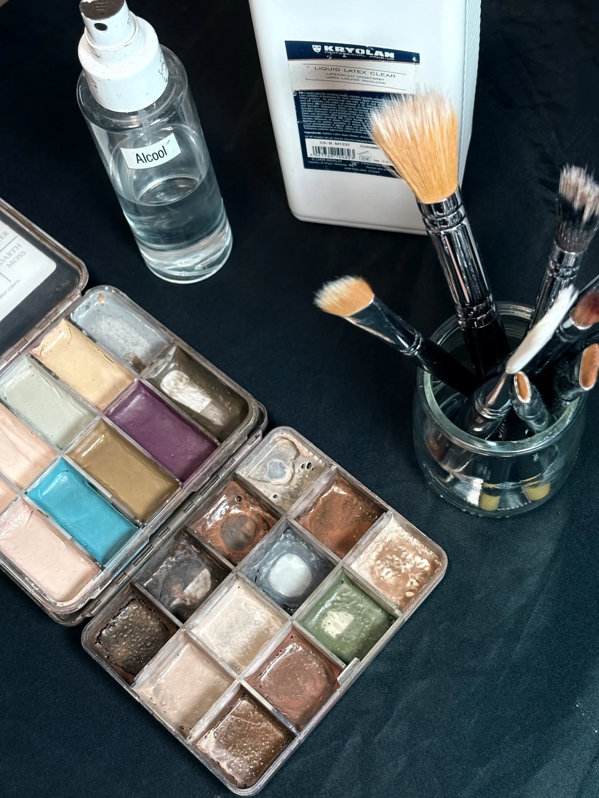 Palettes de fards à alcool, pinceaux et alcool isopropylique utilisés pour la mise en couleur d'une prothèse