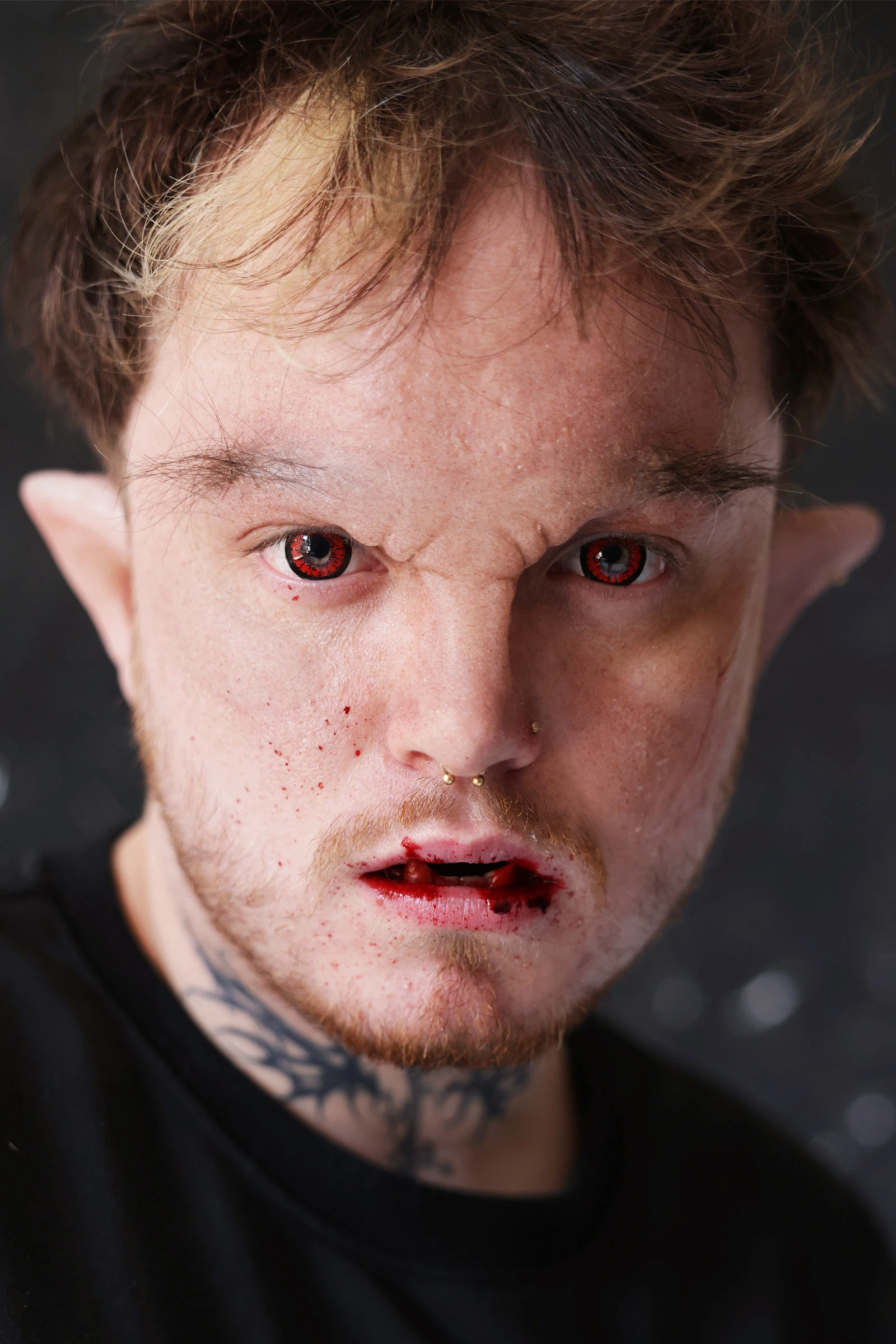 Maquillage du visage d'une transformation en loup-garou avec prothèses et postiches sourcils pour un shooting photo d'effets spéciaux